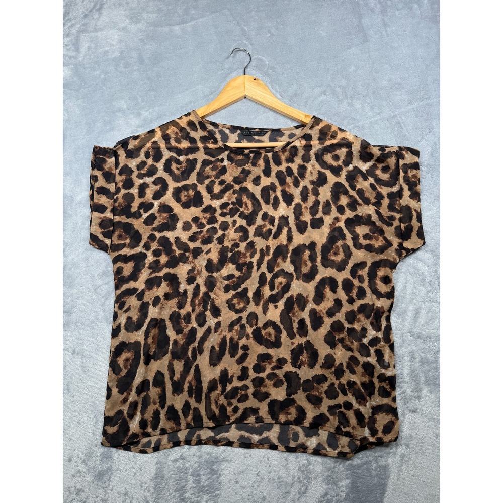 Shein Blouse Top Womens Brown Black Leopard Print Stretch Cuff Sleeve XL